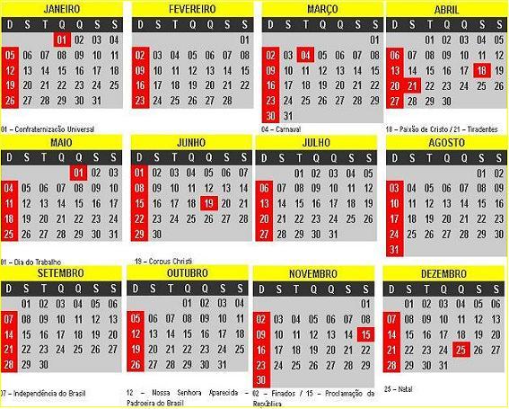 Calendário 2014 com Feriados Nacionais Para Imprimir